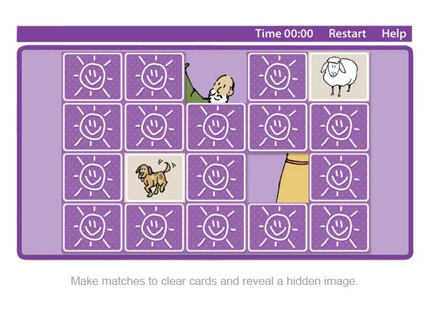 Make matches to clear cards and reveal a hidden image.