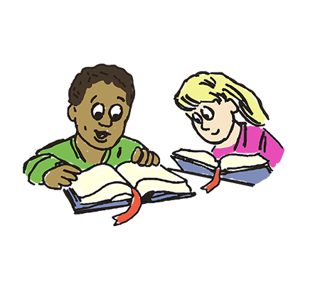 Illustration of boy and girl reading God's Word.