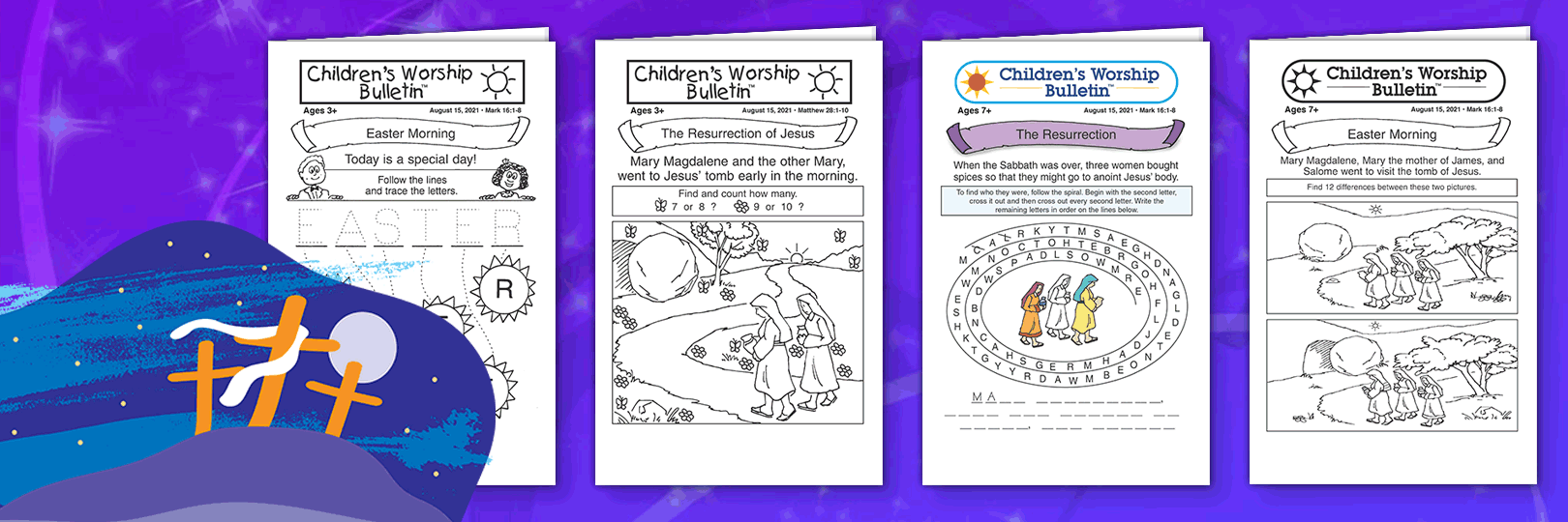 Illustration showing various Easter season children's bulletins against a Easter background