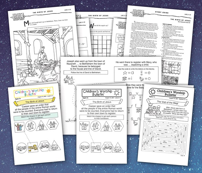 Illustration showing examples of children's bulletins and activity sheets against a dark, starry night background.