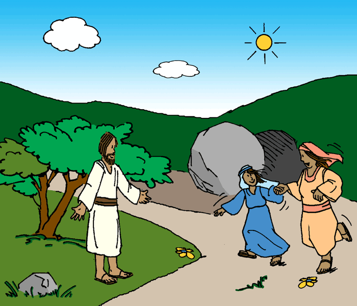 Full color illustration of the women running to greet Jesus outside the empty tomb.