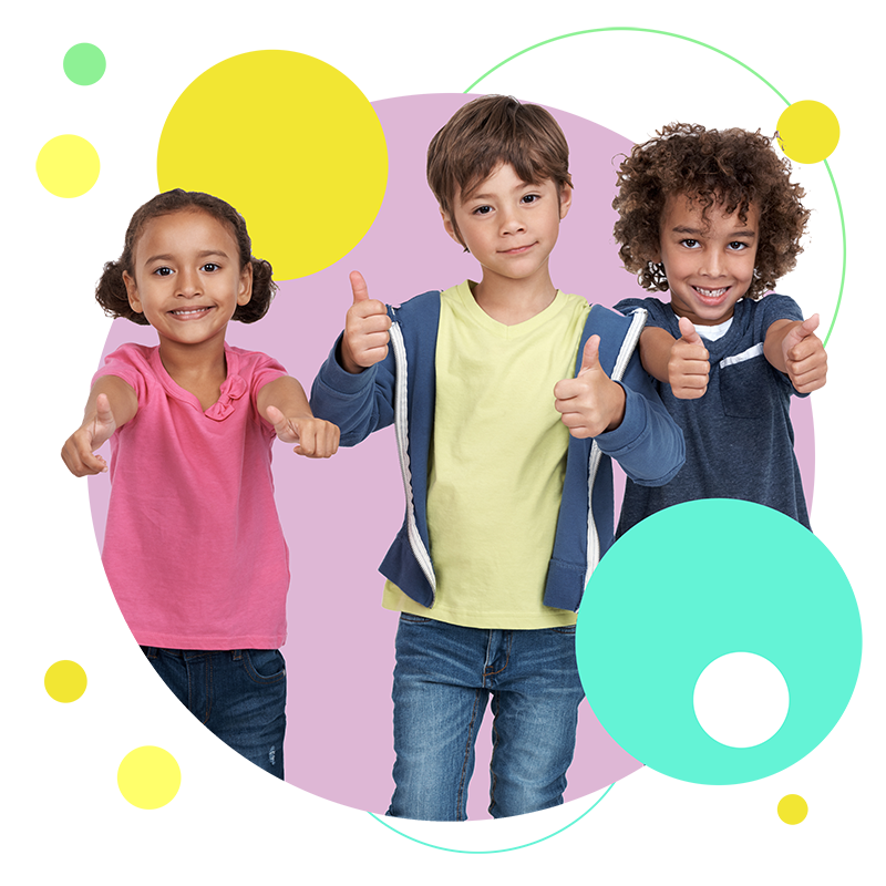 Photo of a children showing thumbs up for bible lessons and curriculum.