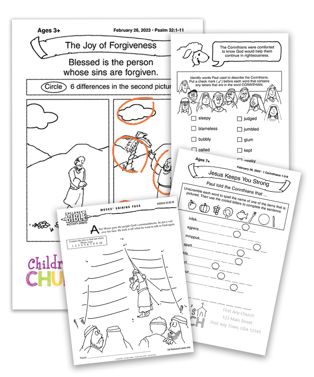 Children's Worship Bulletins and activity sheets example image