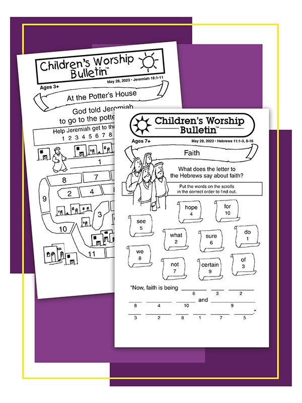 Examples of childrens worship 4 panel bulletins in two age groups