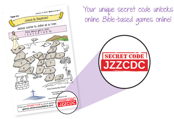 Children's Worship Bulletins has secret codes that unlock online Bible-based games