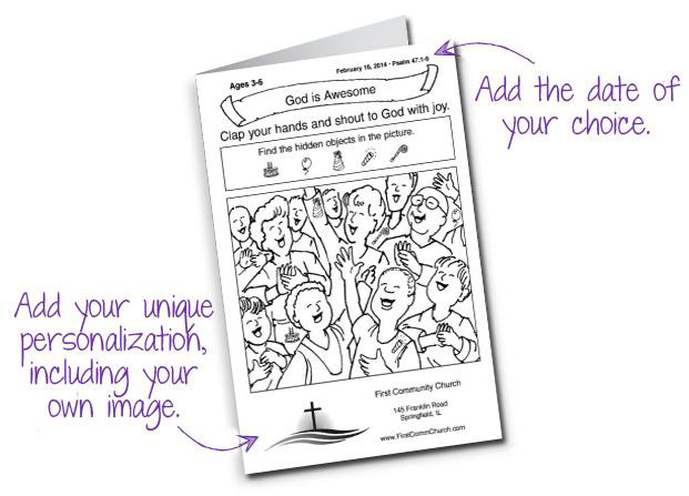 Children's Worship Bulletins can be personalized for date and church information