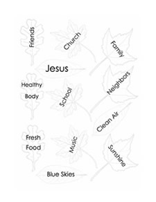 Children's church bulletin about Thanksgiving with labeled leaves for ages 3-6 Children's church bulletin about Thanksgiving with labeled leaves for ages 3-6